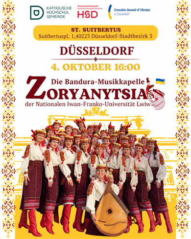 Das Ensemble „Zoryanytsia" der Universität Lwiw gastiert am Sonntag, 4. Oktober 2026, von 16 bis 18 Uhr in der Kirche St. Suitbertus in Düsseldorf-Bilk.